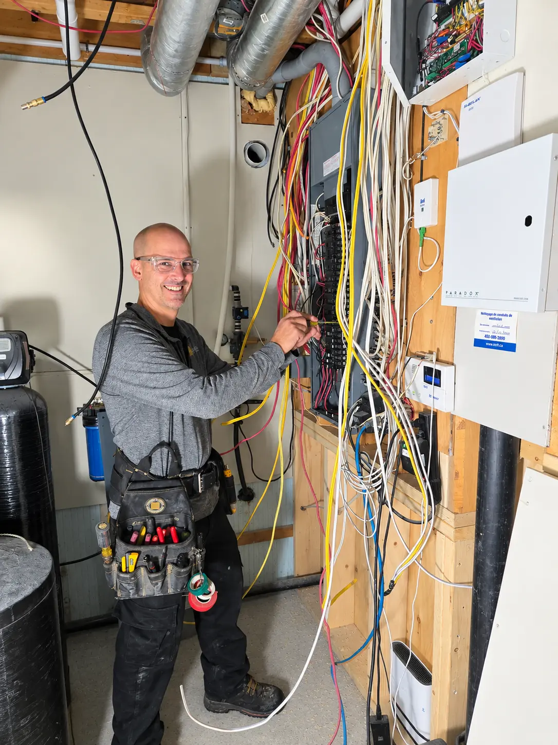 Jean-François Côté, maître électricien et fondateur de Côté Branché à Granby devant un panneau électrique